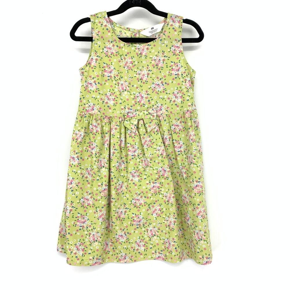 H&M Sleeveless A-Line Dress Girls Size 6X Green Floral Print 100% Cotton